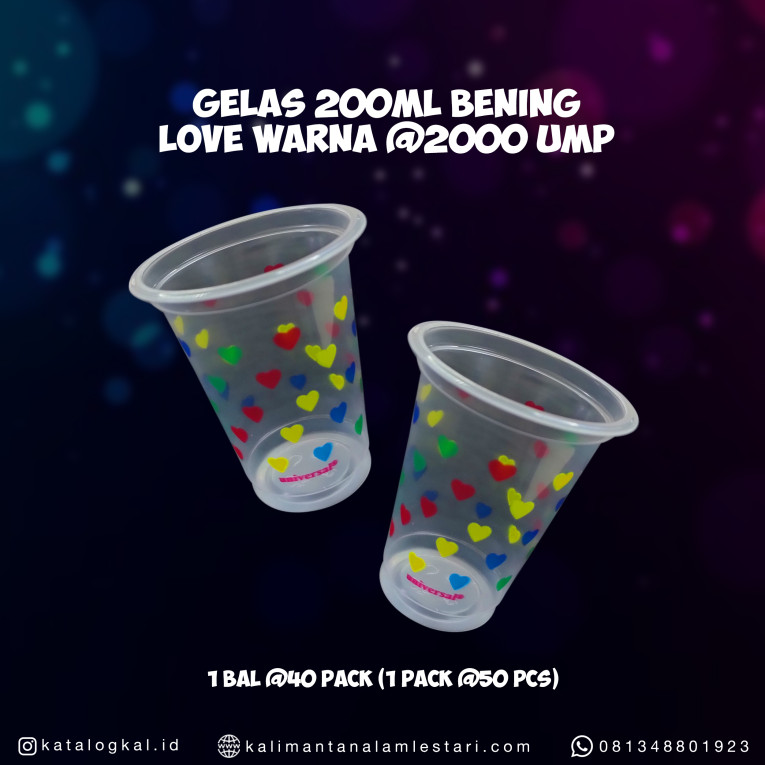 [Universal] - Gelas 200ml Bening Love Warna @2000 UMP